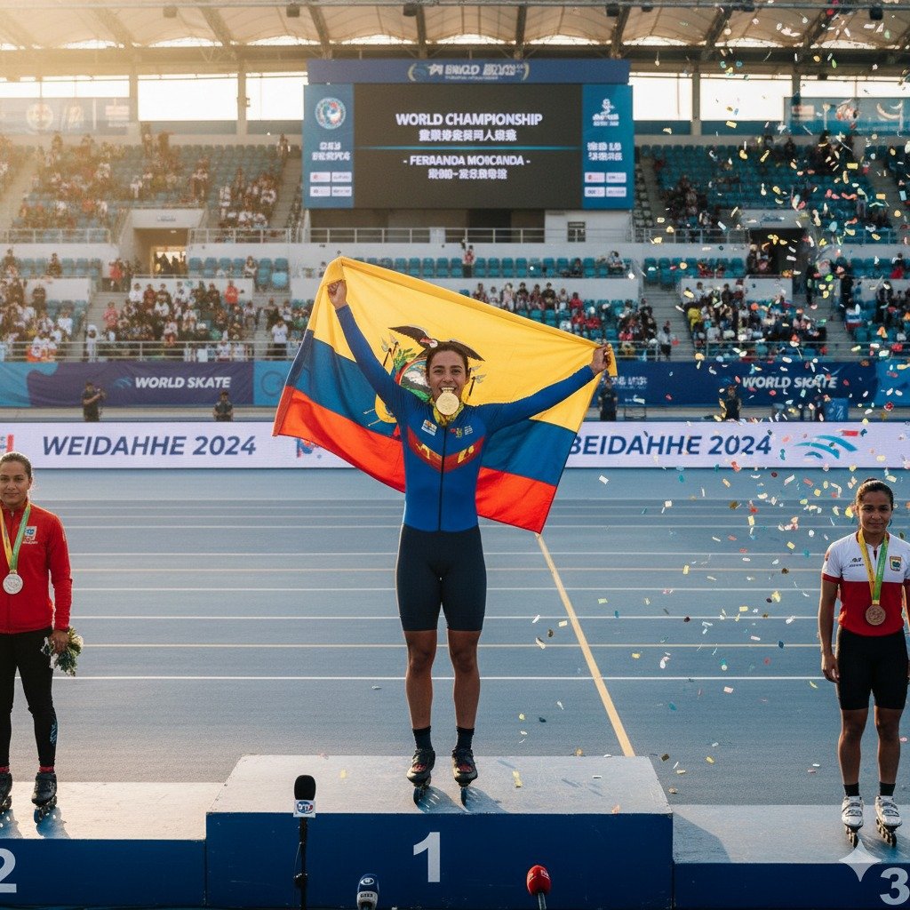 Fernanda Moncada, campeona mundial de patinaje, posando orgullosa con la bandera de Ecuador.