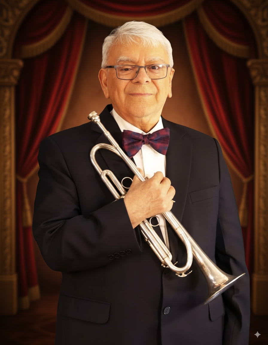 El maestro Edgar Palacios tocando la trompeta en un concierto, mostrando su maestría.
