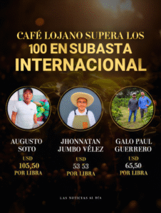 Cafe lojano que supero los 100 dolares en subasta internacional, con productores Augusto Soto, Jhonnatan Jumbo Velez y Galo Paul Guerrero